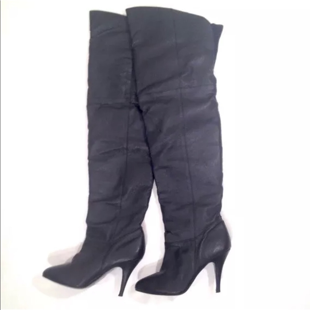 Vintage 80s Thigh High Black Leather Boots Size 8